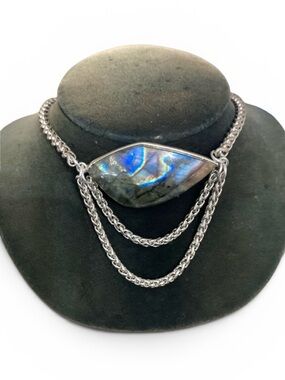 Genuine labradorite gemstone stainless steel necklace with dangly chains